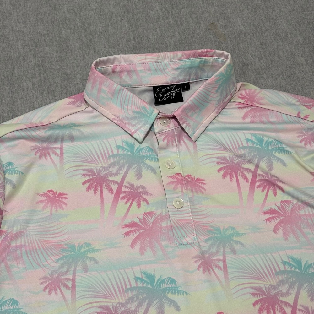 Sunday Swagger Mens Large Pastel Palm Tree Golf Polo Shirt Pink Mint Green L